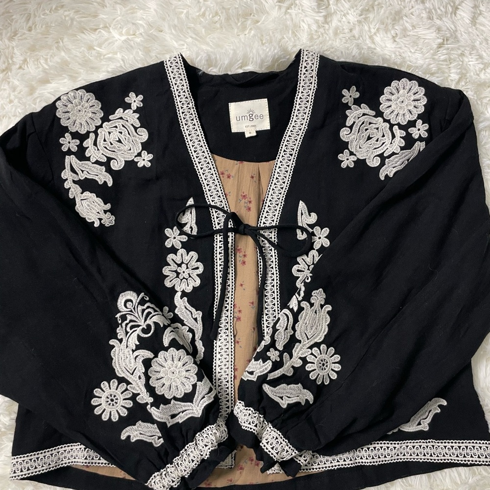 Umgee Black Cardigan with White Floral Embroidery